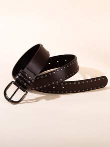 1pc/2pcs Women's Metal Buckle Double Row Rivet Solid Color Punk PU Leather Solid Stud Decor Waist Belt Accessory, Suitable For School, All Seasons, Gift For Women