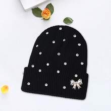 Women Knitted Hat, Bow Pearls Shiny Rhinestones Soft Crochet Hat Warm Winter Cap For Indoor Outdoor - 黑色 - 查看 6