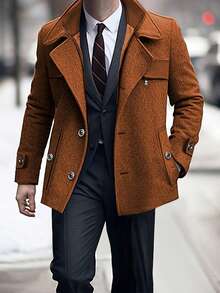 Mens Wool Pea Coat Winter Warm Long Sleeve Solid Color Jacket Button Down Overcoat - Reddish Brown - View 2