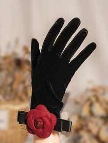带山茶花图案的黑色天鹅绒手套，适合女士茶会服装/婚宴礼服、万圣节服装手套、圣诞节手套、特殊场合 1920 年代服装晚间歌剧手套 - 黑色 - 查看 14