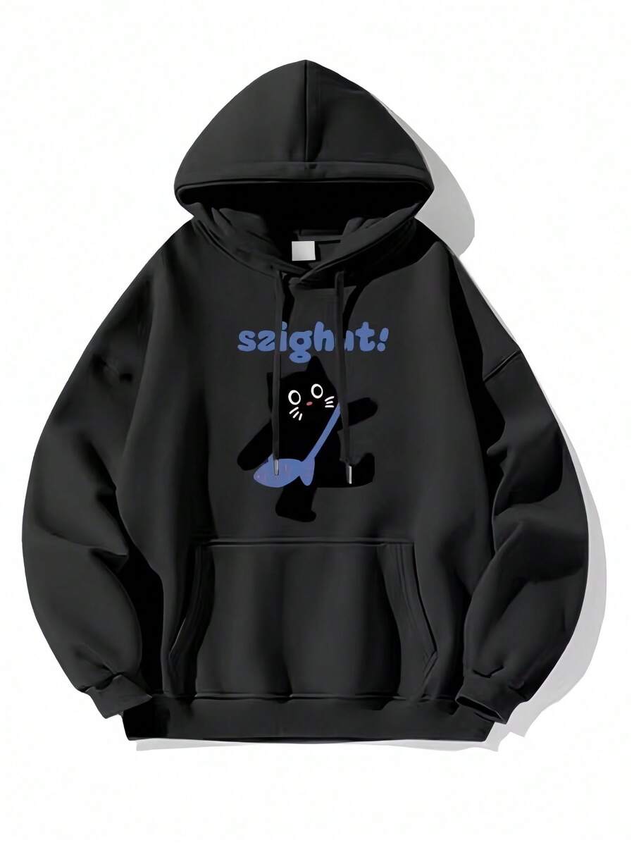 320g Pure Cotton Unisex Hooded Sweatshirt, Long Sleeve Hoodie For Fall, Men's Street Fashion Casual Outfit, Unique Print, Warm And Comfortable, Christmas Hoodie, Fall Men's Wear, Black, Y2K Style