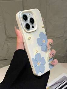 Estuche suave antideslizante moderno y avanzado con patrón de lichi de grandes agujeros en blanco y patrón de flores grandes en azul, compatible con Iphone 16Pro Max/14 Pro/13 Pro Max/12 y otras series, estuche protector anticaídas todo incluido creativo personalizado. - Multicolor - Ver 5