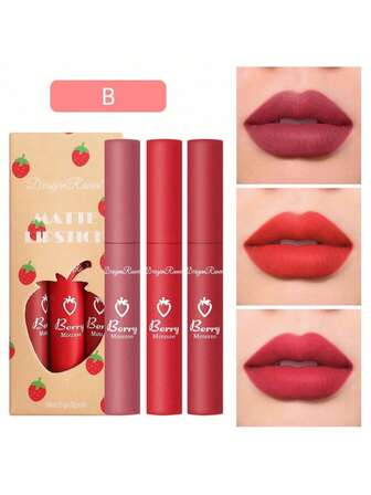 Set de 3 Barras de Labios de Fresa Terciopelo Maquillaje Mate Larga Duración Brillo de Labios No Pegajoso Esmalte de Labios Caja de Regalo