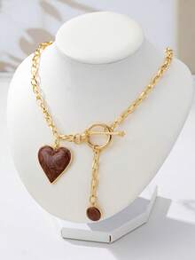 1 pieza Collar con colgante de corazón rojo en forma de tambor recubierto de aleación 3D y gota de agua dorada de moda - Café integral - Ver 5