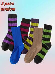 1/2/3/4/5/6 pares de calcetines de estilo retro a rayas para mujer, calcetines de media caña de punto acanalado de estilo grunge Y2K de algodón para uso diario y cosplay - Morado - Ver 13