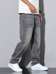 Straight-Cut Cotton Washed Denim Jeans With Slanted Pockets, Versatile Wide-Leg Relaxed Fit Washed Denim Jeans, Casual Matching Couples - Light Grey - View 5