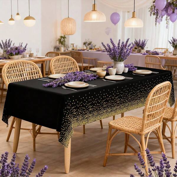 1 față de masă din plastic negru și auriu, potrivită pentru mese dreptunghiulare (54 in x 108 in), față de masă pentru petrecere de ziua de naștere, decor pentru petrecere de absolvire/pensionare, promoția 2026
