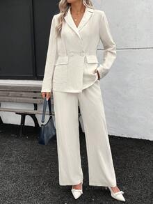 Women's Linen Comfortable Casual Commuting Solid Color Blazer Collar Pocket Button Long Sleeve Jacket And Elastic Waist Loose Pants Set