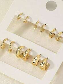 6Pcs Plated 18K Gold-Tone Assorted Hoop Earring Set For Women: Classic & Chic Design With Multiple Sizes (Small Mini, Medium, Large), Lightweight & Comfortable For All-Day Wear, Versatile Accessory Ideal For Daily Outfits, Office Attire, Date Nights, Cocktail Parties, Wedding Receptions, Holiday Gatherings, Brunch With Friends, Weekend Getaways & Gifting To Jewelry-Loving Individuals, Professional Women, Fashion Enthusiasts, Special Occasion Celebrants & Minimalist Style Lovers - 金色 - 查看 1