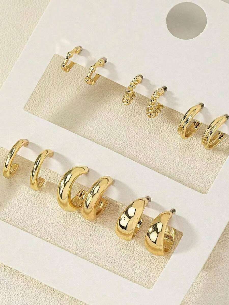 6Pcs Plated 18K Gold-Tone Assorted Hoop Earring Set For Women: Classic & Chic Design With Multiple Sizes (Small Mini, Medium, Large), Lightweight & Comfortable For All-Day Wear, Versatile Accessory Ideal For Daily Outfits, Office Attire, Date Nights, Cocktail Parties, Wedding Receptions, Holiday Gatherings, Brunch With Friends, Weekend Getaways & Gifting To Jewelry-Loving Individuals, Professional Women, Fashion Enthusiasts, Special Occasion Celebrants & Minimalist Style Lovers - 金色 - 查看 1