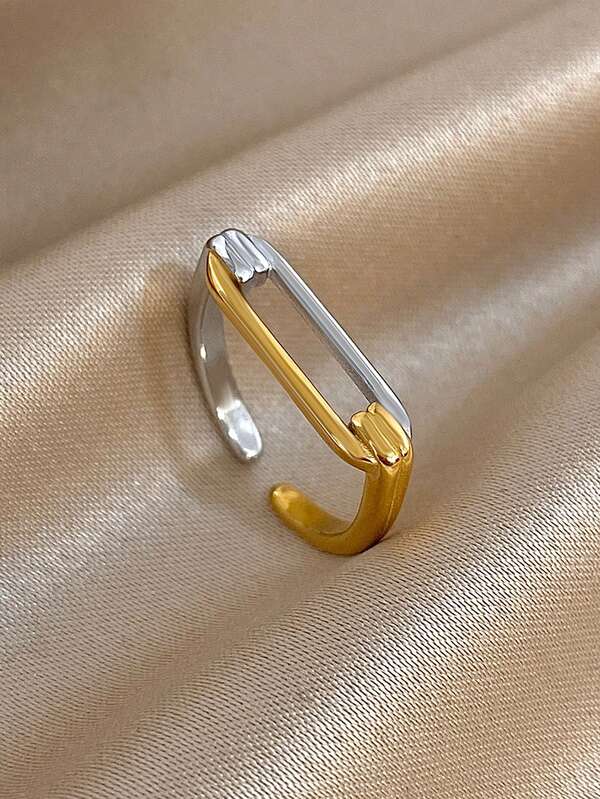 1Pc 18K Gold Plated Stainless Steel Two-Tone Safety Pin Open Adjustable Ring For Women Couple, Minimalist Stacking Jewelry Mom Gift Christmas Thanksgiving Halloween Wedding Rave/Prom/Party/Daily Accessories Gift For Anniversary Valentine's Day Boho Jewelry Birthday Bridesmaid Gifts