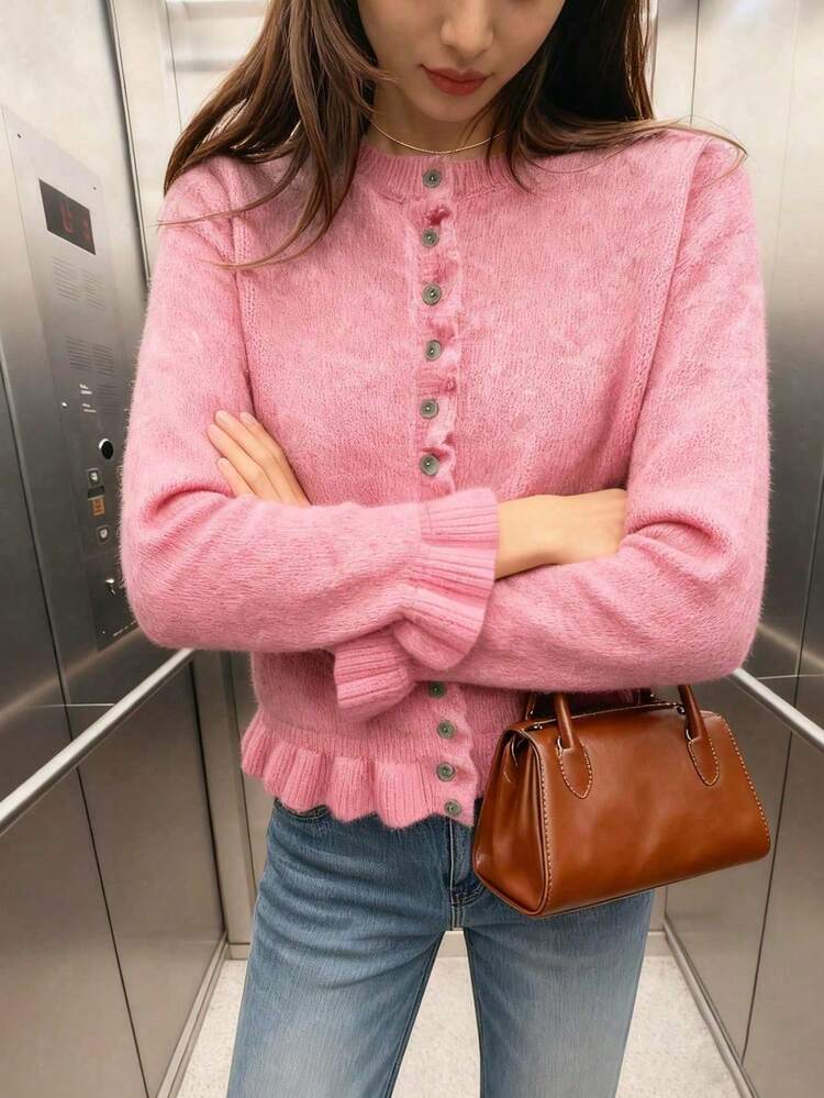 2025 New Elegant Women Round Neck Ruffle Layered Pleated Knit Sweater, Versatile Casual, Autumn/Winter, Solid Gray - Pink - View 2