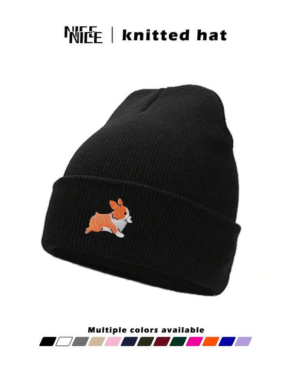 1 pièce Bonnet tricoté avec broderie de corgi pour hommes, casquette sans bord unisexe Y2K, coupe-vent et chaud, polyvalent, convient pour les voyages, la randonnée, les rassemblements, l'hiver en extérieur, excellent cadeau pour les amis et la famille