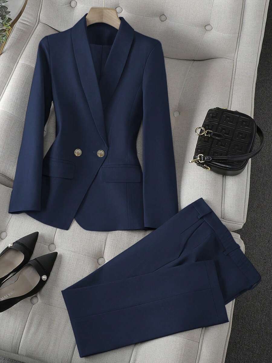 Solid Color Single Button Long Sleeve Single-Breasted Waistcoat Suit Pants Two-Piece Set - Màu xanh hải quân - Xem 1