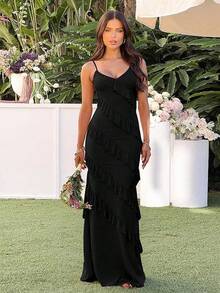 Women's Backless Bodycon Spaghetti Strap Elegant Ruffle Maxi Cocktail Party Dresses, 2025 QMO3 - Black - View 3