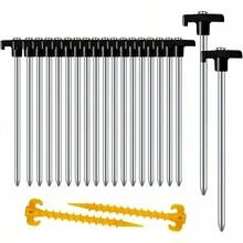 20+2PCS Tent Stakes Heavy Duty Camping Stakes, 9.8Inch Non - Rust Metal Tent Pegs Ground Stakes Tent Spikes Camping, Garden, Hiking Black - Black 20+2pcs + 10IN - View 2