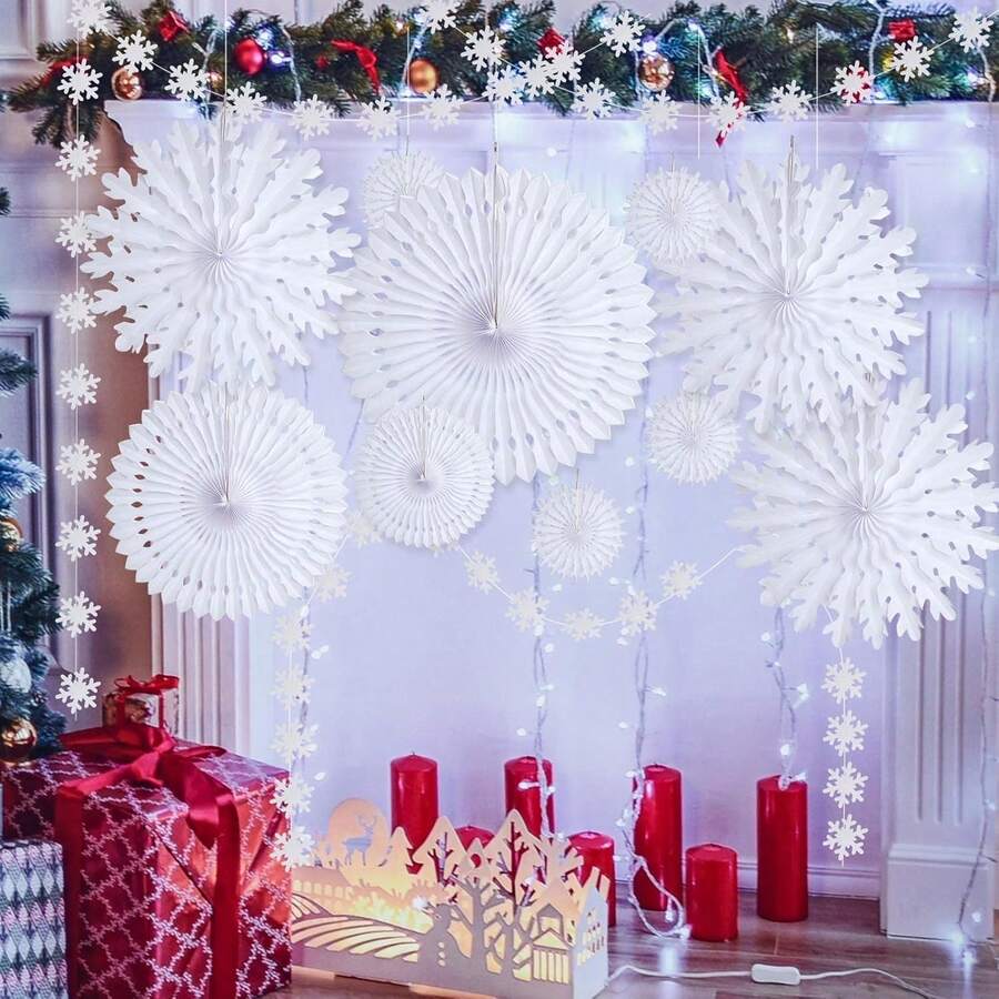 12pcs Winter Wonderland Snowflake Party Decorations Set: White Paper Fan Decor Snowflakes Garlands Banner For Frozen Birthday, Christmas, Baby Shower, Wedding - trắng - Xem 1