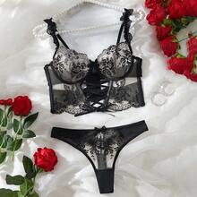 Elegant 2-Piece Set Of Lace Transparent Embroidered Bra And Underwear Women's Set - Sexy Waist Design, Perspective Polyester Blend, Give You A Different Experience - 黑色 - 查看 2