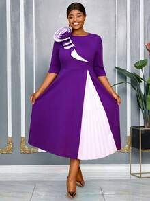 AOMEI Elegant A Line Midi Dresses With 3D Floral And Color Block Pleated Detail Perfect For Weddings Church And Formal Daytime Events Outfit For Date,Party,Wedding Dress,Bridesmaid Dress,Graduation Dress,Wedding Guest Fall Women Clothes,