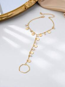 1 Stück modischer minimalistischer Metall-Disc, Strass-Anhänger Fingerring Kette für Frauen, geeignet für den täglichen Gebrauch, Urlaub, Date, Party, Goldfarben Accessoire - Gold - Übersicht 4