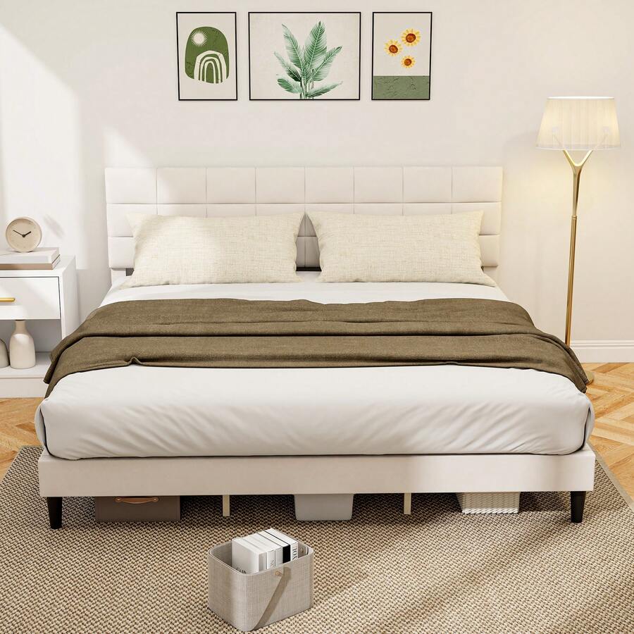 HOMCOM King Bed Frame With Headboard, 1100 Lbs Upholstered Platform Bed Frame With Under Bed Storage, Wooden Slat Support, No Box Spring Needed, Easy Assembly, Cream - 白色 - 查看 1