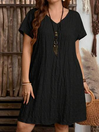Plus Size V-Neck Solid Color Fashion European & American Vintage Loose Short Sleeve Dress (Bust Measurement)