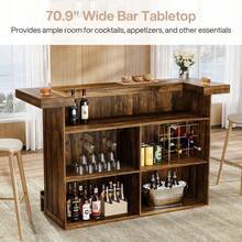 LITTLE TREE 4-Tier Bar Table, 70.9-Inch Large Wooden Home Bar Unit With Wine Glass Holder And Black Footrest, Pub Table With Storage Shelves For Home, Patio, Basement - Brown - View 5
