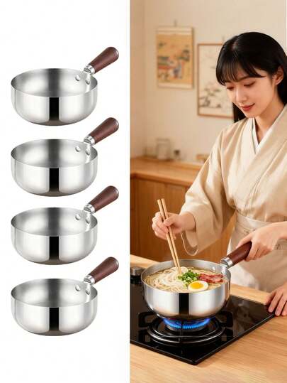 1/2pcs/Set Stainless Steel Small Pot With Heat-Resistant Wooden Handle - Suitable For Induction Cooktop And Stove, Portable Mini Frying Pan/Pasta Pot/Cooking Pot, Ideal For Dorm, Office And Cooking