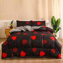 1pc Printed Thick Quilt, Reversible, Soft And Comfortable - Love Black - View 17