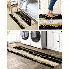 Bright Modern Kitchen White Cabinetry Gold Hardware Black Base White Marble-Like Streaks Gold Veins Dots Runner Rug Stainless Steel Pots Wooden Spoon Countertop Kitchen Items Green Outdoor Scene Patio - 彩色 - 查看 4