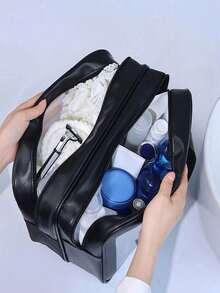 2/1 geantă de machiaj de călătorie cu strat dublu, geantă de toaletă din PVC, geantă organizatoare multifuncțională, suport pentru pensule de machiaj, geantă de depozitare pentru cosmetice, geantă cosmetică separatoare pentru umed și uscat, esențială pentru călătoriile de toamnă, organizare și depozitare, geantă de plajă, geantă de mână, potrivită pentru ruj, pensule de machiaj, creioane de machiaj, fard de pleoape, oglindă, creion de ochi, luciu de buze, îngrijire a pielii, periuță de dinți, cupă pentru periuță de dinți, săpun, șampon, pieptene, ceas, telefon, colier, bijuterii, produse digitale, depozitare - Multicolor - Vizualizare 6