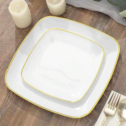 1 pieza Plato cuadrado blanco con borde dorado, plato de ensalada blanco con borde dorado, bandeja de servir de 7.25 pulgadas y 10 pulgadas, adecuado para fiestas, al aire libre, bodas, restaurantes