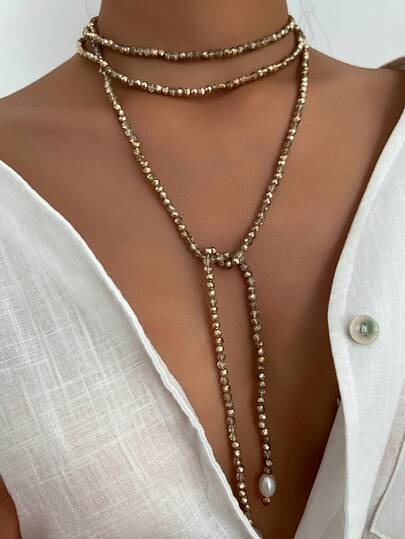 1 pieza Collar largo de mujer de moda con perlas falsas y cristales, estilo geométrico asimétrico bohemio, elegante y versátil para uso diario, fiestas y vacaciones (múltiples formas de usar)