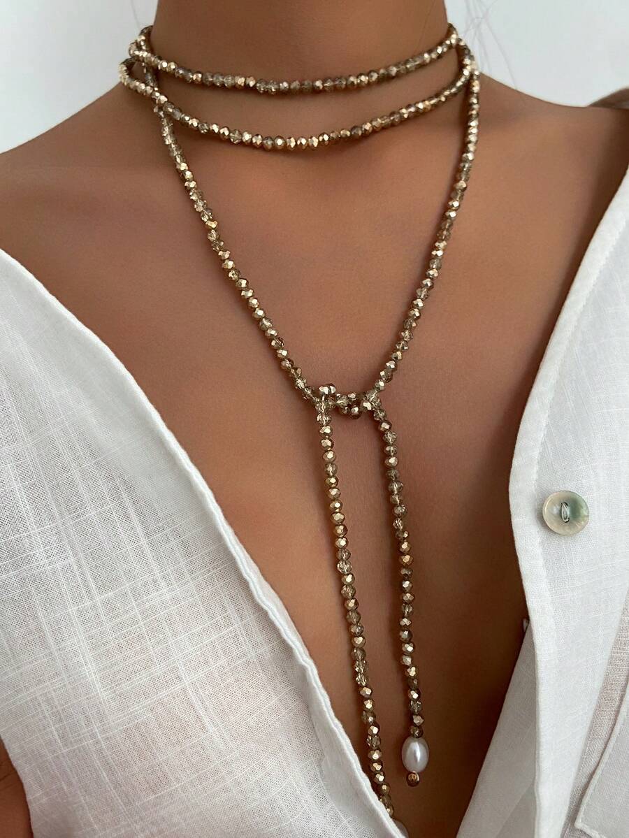 1件波西米亚几何不对称仿珍珠水晶时尚女士长项链，优雅复古日常节日派对百搭珠宝礼物（多种佩戴方式） - 項鍊 - 查看 1