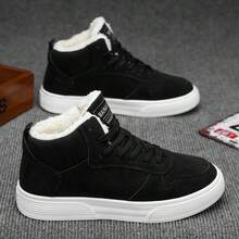 Sepatu Bot Salju Pria Musim Dingin Hangat Berbahan Fleece, Sol Tebal, Desain Bertali, Sepatu Sneaker Tinggi Tahan Dingin untuk Berjalan Sehari-hari - Hitam - View 2