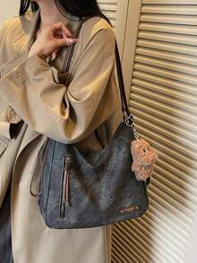 Túi đeo vai thời trang đa năng Merlard Retro 2025 họa tiết mờ, dung tích lớn, túi đi biển cao cấp, túi tote, túi mua sắm, túi lớn, túi xách họa tiết ngách, túi đeo chéo có dây kéo kép - màu đen - Xem 3