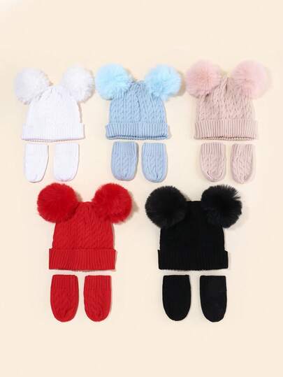 2 piezas Conjunto de gorro y guantes con doble pompón para niños, gorro y guantes de hilo acrílico, pompón de piel sintética, conjunto cálido de otoño/invierno