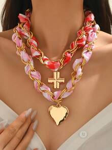 2 chiếc vòng cổ mặt hình thánh giá và trái tim kim loại phong cách Bohemian phóng đại, thích hợp cho phụ nữ đeo với váy, áo sơ mi, cho trang phục hàng ngày và dự tiệc - Hồng - Xem 1