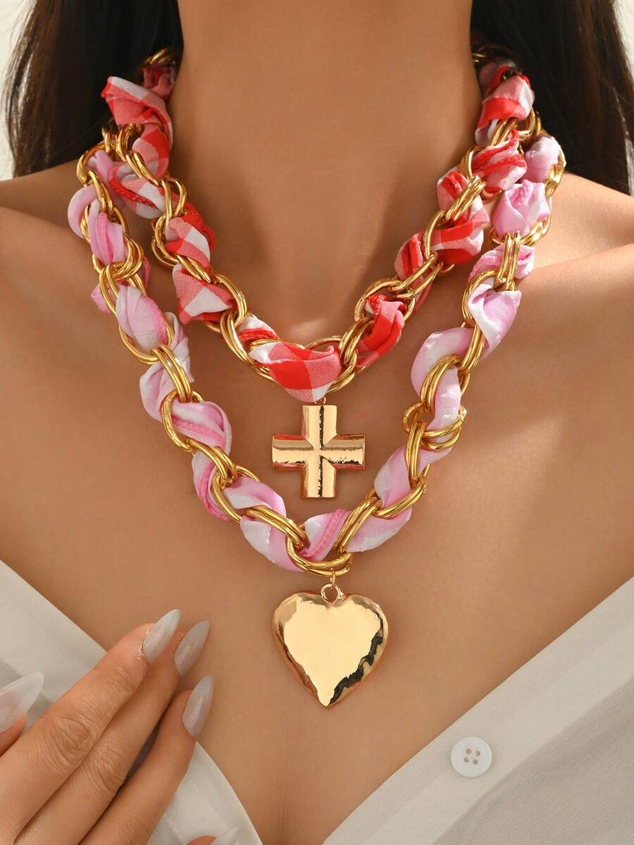 2 chiếc vòng cổ mặt hình thánh giá và trái tim kim loại phong cách Bohemian phóng đại, thích hợp cho phụ nữ đeo với váy, áo sơ mi, cho trang phục hàng ngày và dự tiệc - Hồng - Xem 1
