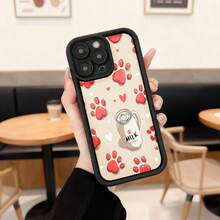 Phone Case With Black Border And Design Of Red Cat Paws, Hearts, And A Milk Jug With The Text MILK - Cute Style For Daily Use In Cafes And Living Rooms Suitable For Apple Series Phones