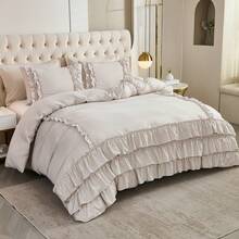 Beige Comforter Set Queen/King Size,Waterfall Ruffle Shabby Chic Farmhouse Bedding Sets,Soft Fluffy Boho Comforters Sets For All Season,200g Microfiber Filling Vintage Ruffled 3 PCS Quilt Set For Women Girls Room Decor - 米灰色 - 查看 3
