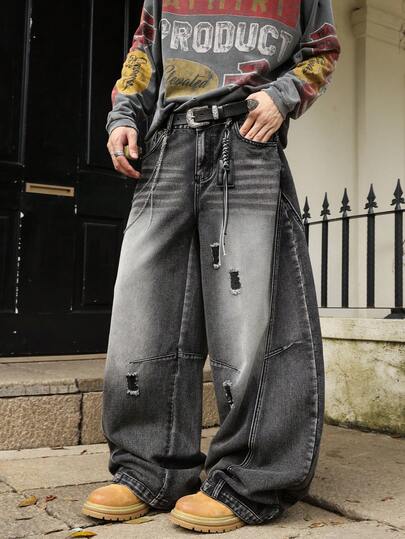 男士阔腿牛仔裤，采用破洞拼接设计，街头哥特风时尚，适合所有季节