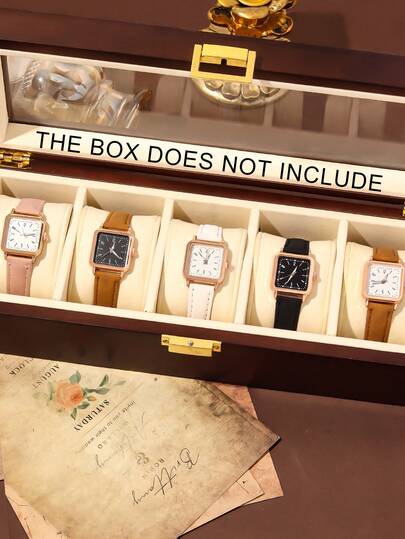 5只简约休闲女士石英表，采用复古方形表盘，搭配粉色、棕色、黑色和白色真皮表带，与方形表盘相得益彰，散发出复古精致的气息。佩戴舒适，适合日常通勤、与朋友休闲聚会或休闲外出等各种场合。