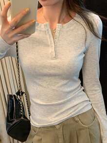 Women's Shoulder Button Closure Fitted Turtleneck Long Sleeve T-Shirt, Minimalist Design - Grey - View 1