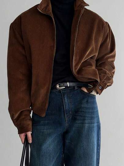 Men's Autumn/Winter Stand Collar Corduroy Short Jacket Coat, Retro Mature Style, Heavy-Duty Two-Way Zipper Outerwear
