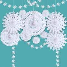 12pcs Winter Wonderland Snowflake Party Decorations Set: White Paper Fan Decor Snowflakes Garlands Banner For Frozen Birthday, Christmas, Baby Shower, Wedding - trắng - Xem 8