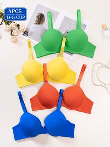 4PCS Minimalist And Comfortable, With Underwire Support And Adjustable Straps, For Women's Plus-Size Bras And Underwear - 彩色 - 查看 1
