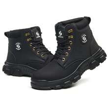 UMBURLLY 1 Pair Solid Color Utility Style Faux Leather Lace-Up Men's Safety Shoes, Anti-Smash, Anti-Puncture, Outdoor Work Shoes, Autumn/Winter - màu đen - Xem 11