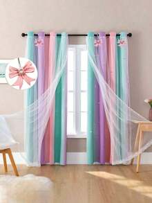 1/2/3/7pcs Children's Room Curtains, Gradient Rainbow Tulle Red Double-Layer Skull Star Pattern Curtains, Girls Bedroom Decor Curtains, Children's Room Rainbow Blackout Curtains, Purple, Suitable For Little Girls Room, Pink Unicorn Wall Sticker Curtains, Green, 52 Inches Long, 63 Inches High, Single Panel, Suitable For Girls Room Decor, Nursery Decor, Bedroom Decor, Room Decor - Green Purple Powder - View 5