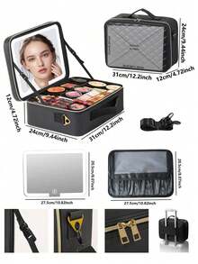 Premium Sewing Makeup Bag With LED Mirror, 31*24*12cm Large Capacity Portable Shoulder Cosmetic Box, Suitcase Insert Design, Multi-Functional Storage Case For Cosmetics, Phones & Sundries, Suitable For Travel, Home & Presents - Large - View 4